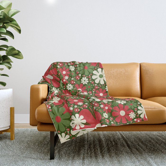 Retro Christmas Floral Fantasy Red Green Cream Throw Blanket Gallery Image 1