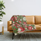 Retro Christmas Floral Fantasy Red Green Cream Throw Blanket Gallery Image 1