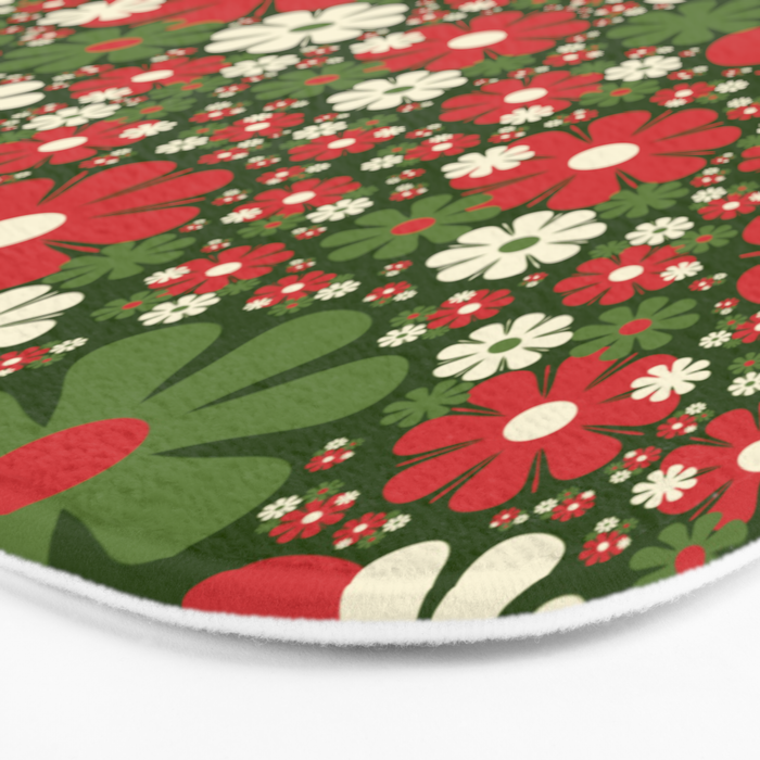 Retro Christmas Floral Fantasy Red Green Cream Bath Mat Gallery Image 3