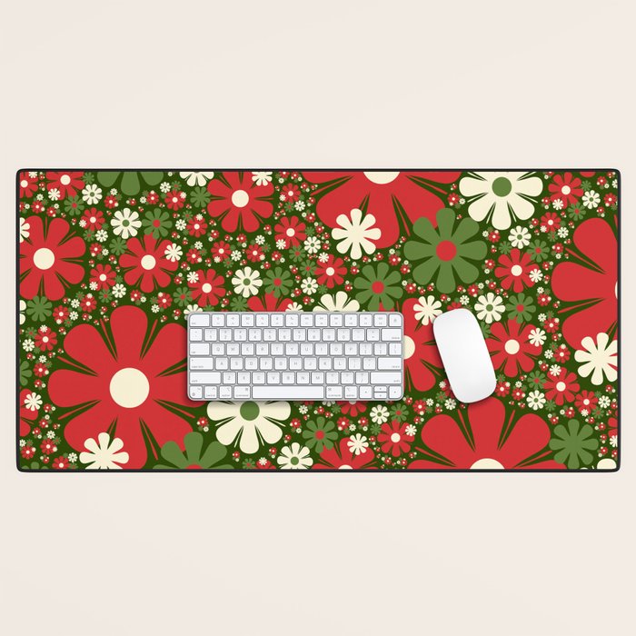 Retro Christmas Floral Fantasy Red Green Cream Desk Mat Gallery Image 1
