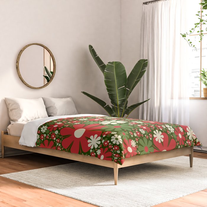 Retro Christmas Floral Fantasy Red Green Cream Comforter Gallery Image 2