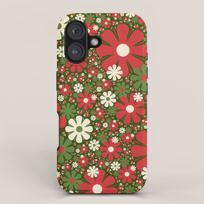 Retro Christmas Floral Fantasy Red Green Cream iPhone Case Gallery Image 1