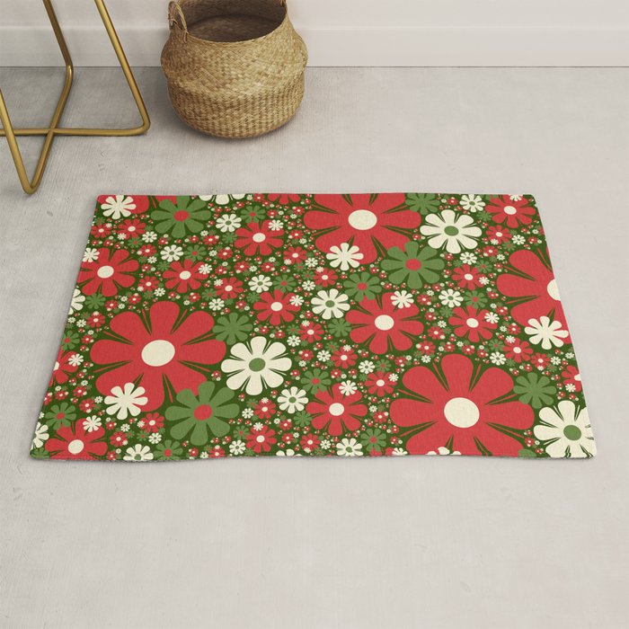 Retro Christmas Floral Fantasy Red Green Cream Rug Gallery Image 1