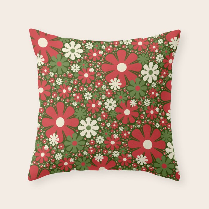Retro Christmas Floral Fantasy Red Green Cream Throw Pillow Gallery Image 6