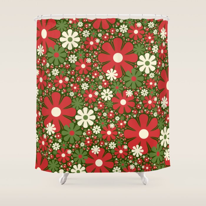Retro Christmas Floral Fantasy Red Green Cream Shower Curtain Gallery Image 1