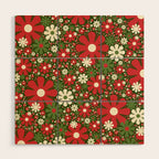 Retro Christmas Floral Fantasy Red Green Cream Wood Wall Art Gallery Image 1