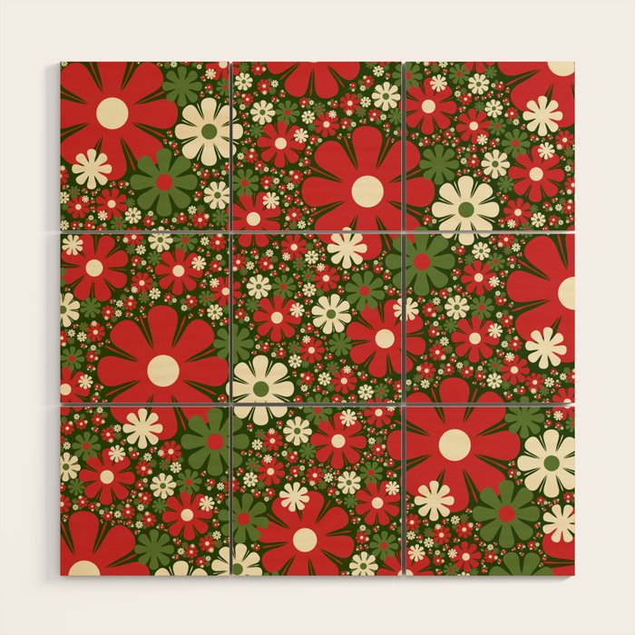 Retro Christmas Floral Fantasy Red Green Cream Wood Wall Art Gallery Image 1