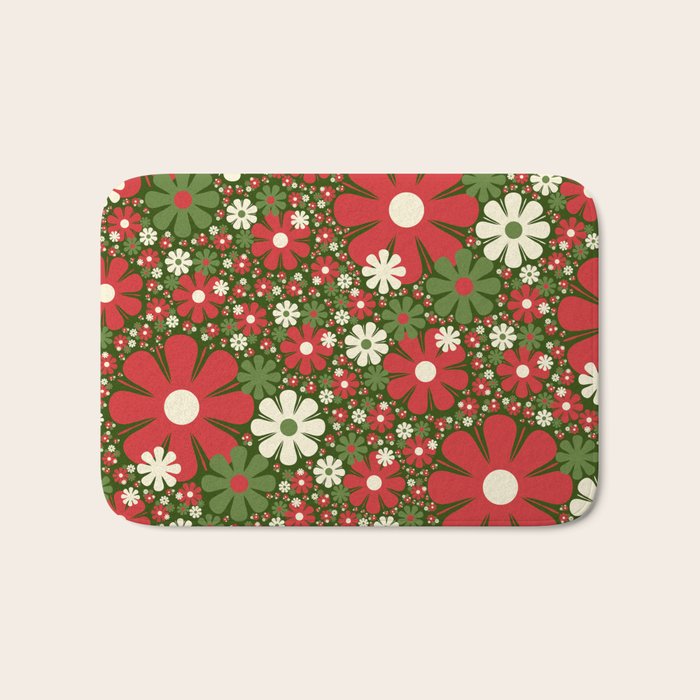 Retro Christmas Floral Fantasy Red Green Cream Bath Mat Gallery Image 1