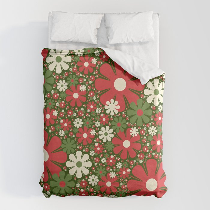 Retro Christmas Floral Fantasy Red Green Cream Duvet Cover Gallery Image 6
