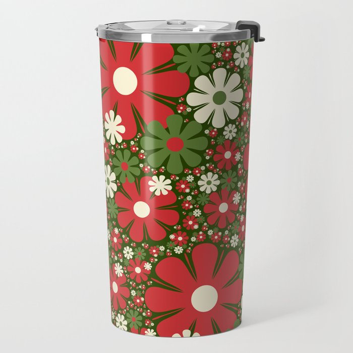 Retro Christmas Floral Fantasy Red Green Cream Travel Mug Gallery Image 2