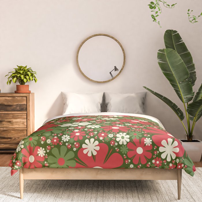 Retro Christmas Floral Fantasy Red Green Cream Comforter Gallery Image 3