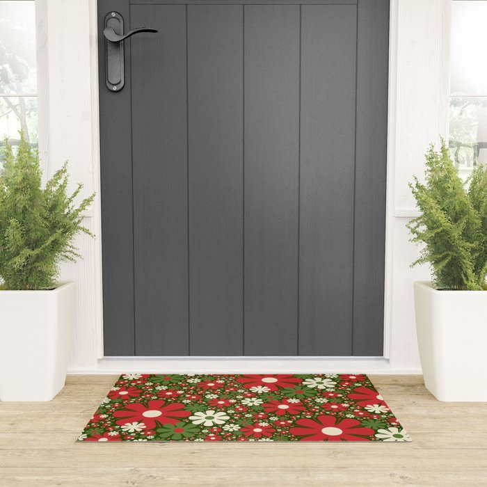 Retro Christmas Floral Fantasy Red Green Cream Welcome Mat Gallery Image 3
