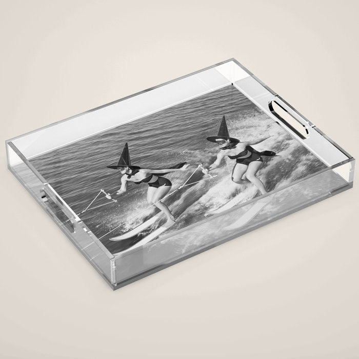 Water witches water skiing hilarious funny humorous black and white vintage photograph Acrylic Tray Gallery Image 1