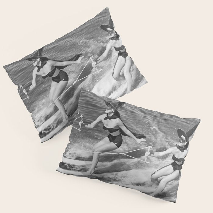 Water witches water skiing hilarious funny humorous black and white vintage photograph Pillow Sham Gallery Image 1