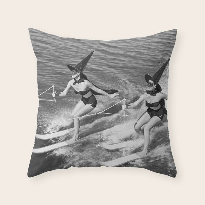 Water witches water skiing hilarious funny humorous black and white vintage photograph Throw Pillow Gallery Image 1