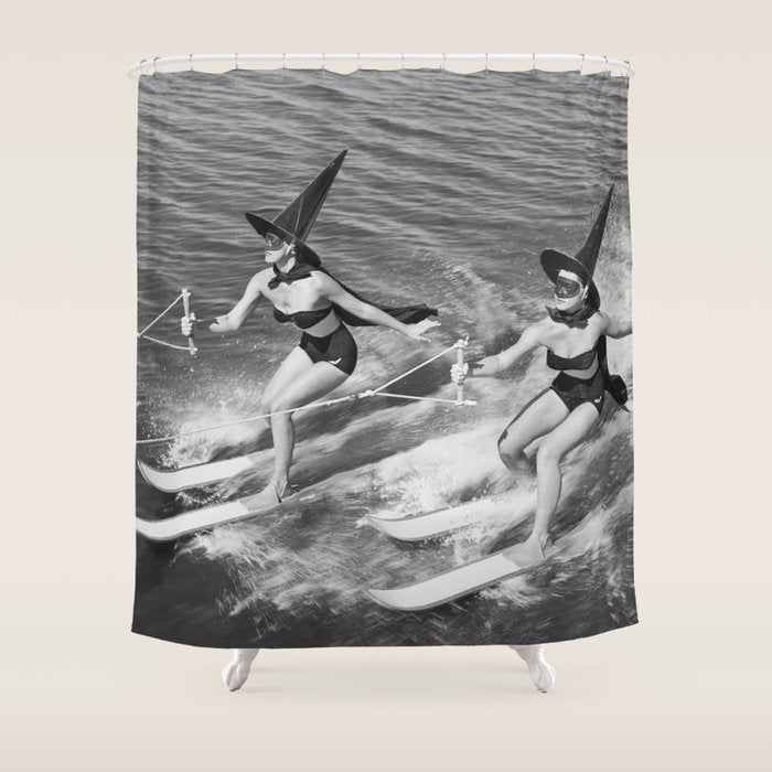 Water witches water skiing hilarious funny humorous black and white vintage photograph Shower Curtain Gallery Image 1