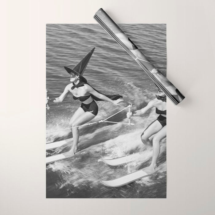 Water witches water skiing hilarious funny humorous black and white vintage photograph Wrapping Paper Gallery Image 1