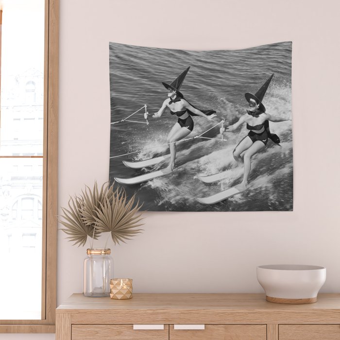Water witches water skiing hilarious funny humorous black and white vintage photograph Wall Tapestry Gallery Image 2