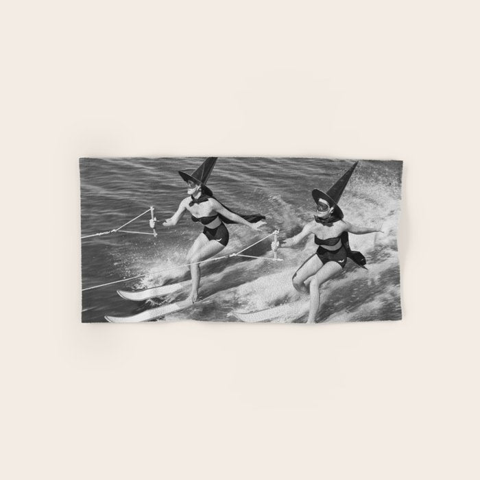 Water witches water skiing hilarious funny humorous black and white vintage photograph Bath Towel Gallery Image 1