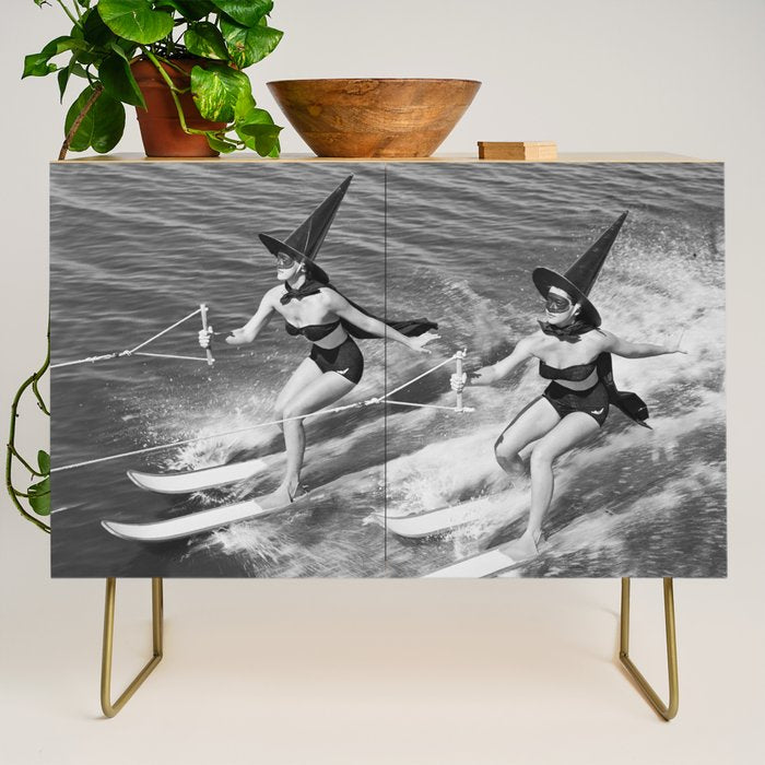 Water witches water skiing hilarious funny humorous black and white vintage photograph Credenza Gallery Image 1