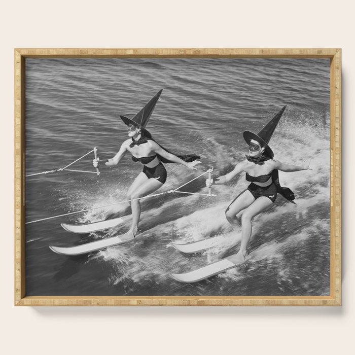 Water witches water skiing hilarious funny humorous black and white vintage photograph Serving Tray Gallery Image 1