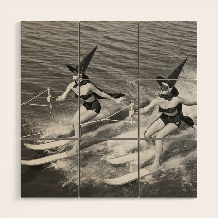 Water witches water skiing hilarious funny humorous black and white vintage photograph Wood Wall Art Gallery Image 1