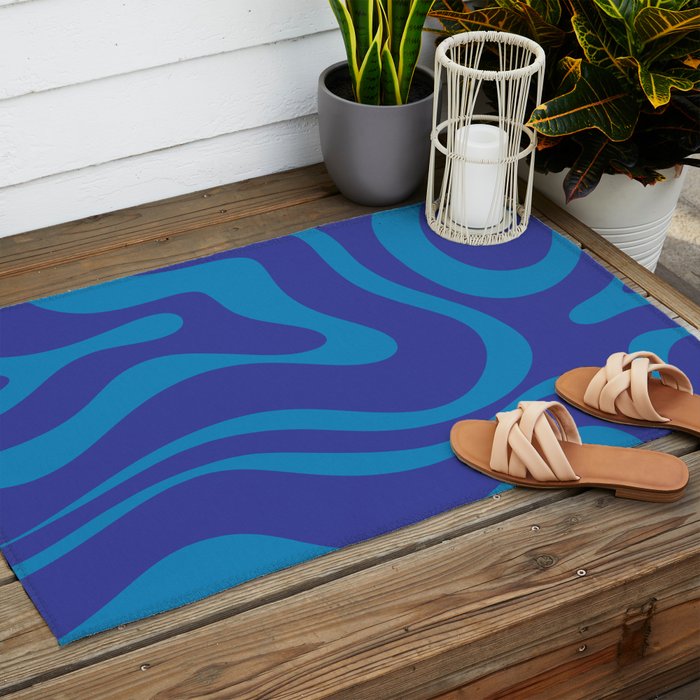 Bold Blue Modern Retro Liquid Swirl Abstract Pattern Outdoor Rug Gallery Image 2