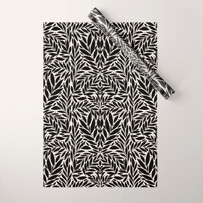 Black and White Folk Leaves  Wrapping Paper Gallery Image 1