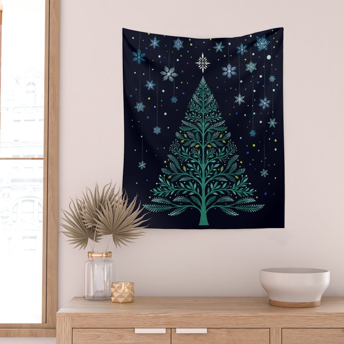Christmas Night Tree-Snowy Wall Tapestry Gallery Image 2