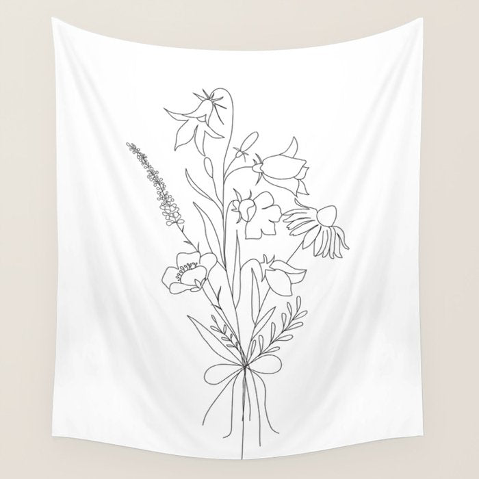 Small Wildflowers Minimalist Line Art Wall Tapestry Gallery Image 1