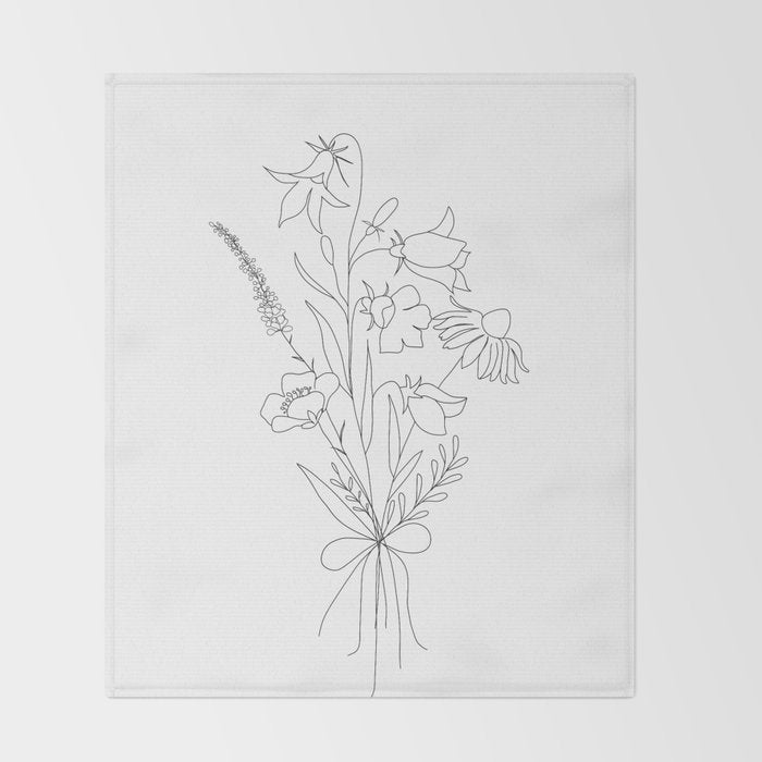 Small Wildflowers Minimalist Line Art Throw Blanket Gallery Image 2