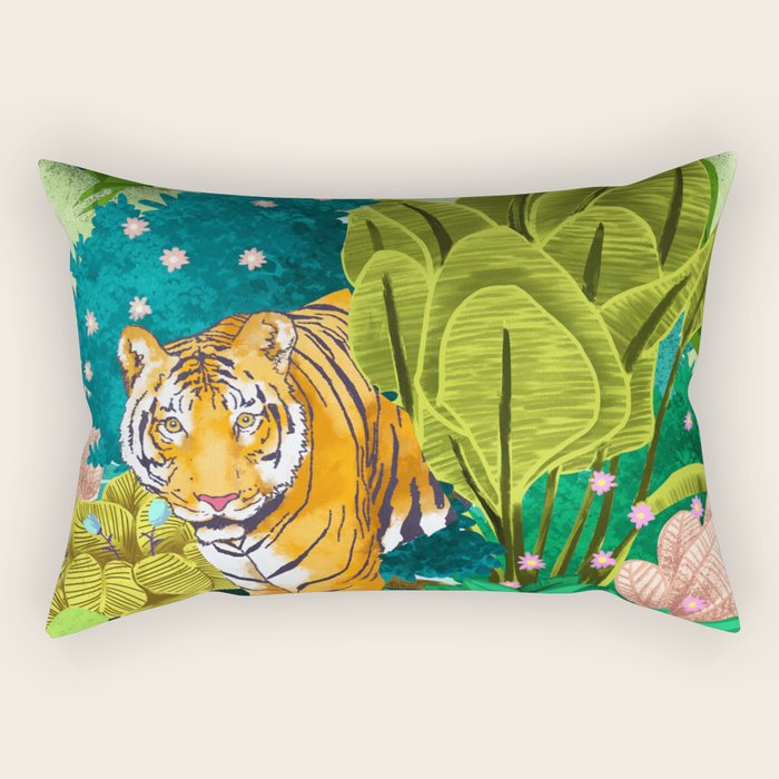Jungle Tiger | Modern Bohemian Colorful Forest | Tropical Botanical Nature Watercolor Painting Rectangular Pillow Gallery Image 1
