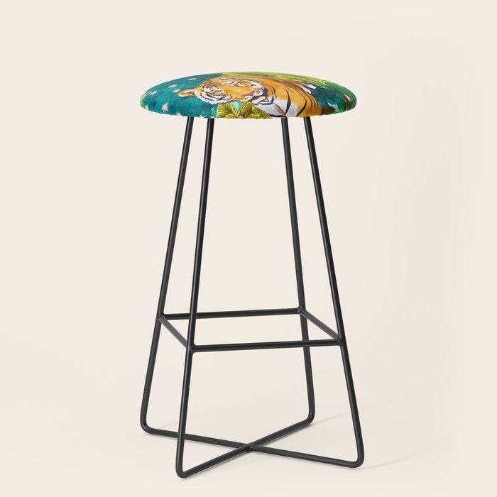 Jungle Tiger | Modern Bohemian Colorful Forest | Tropical Botanical Nature Watercolor Painting Stool Gallery Image 1