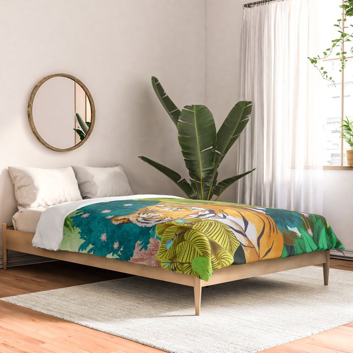Jungle Tiger | Modern Bohemian Colorful Forest | Tropical Botanical Nature Watercolor Painting Comforter Gallery Image 2