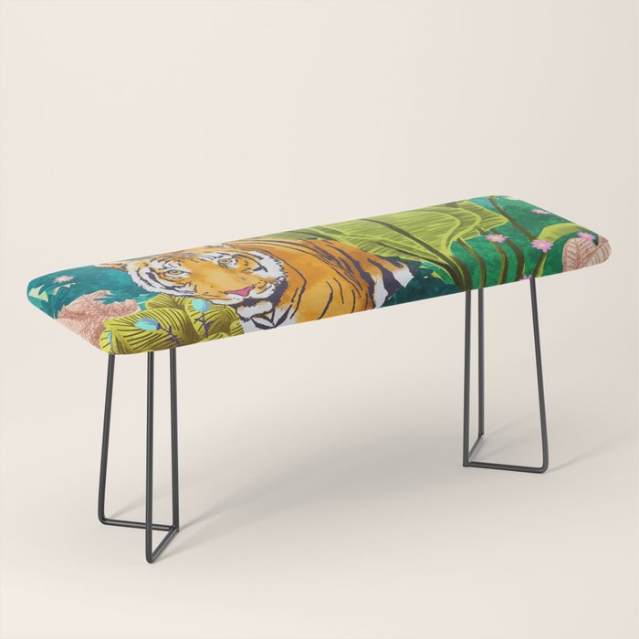 Jungle Tiger | Modern Bohemian Colorful Forest | Tropical Botanical Nature Watercolor Painting Bench Gallery Image 1