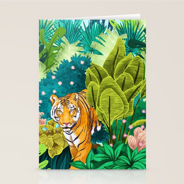 Jungle Tiger | Modern Bohemian Colorful Forest | Tropical Botanical Nature Watercolor Painting Stationery Card Gallery Image 1