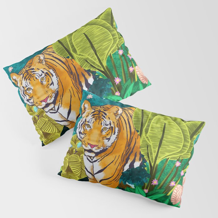 Jungle Tiger | Modern Bohemian Colorful Forest | Tropical Botanical Nature Watercolor Painting Pillow Sham Gallery Image 1