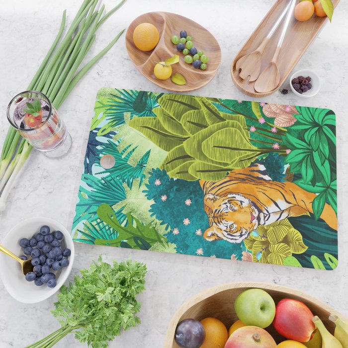 Jungle Tiger | Modern Bohemian Colorful Forest | Tropical Botanical Nature Watercolor Painting Cutting Board Gallery Image 2