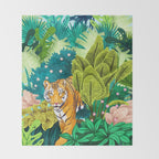 Jungle Tiger | Modern Bohemian Colorful Forest | Tropical Botanical Nature Watercolor Painting Throw Blanket Gallery Image 2