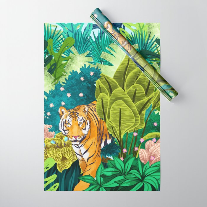 Jungle Tiger | Modern Bohemian Colorful Forest | Tropical Botanical Nature Watercolor Painting Wrapping Paper Gallery Image 1