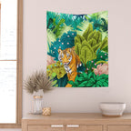 Jungle Tiger | Modern Bohemian Colorful Forest | Tropical Botanical Nature Watercolor Painting Wall Tapestry Gallery Image 2