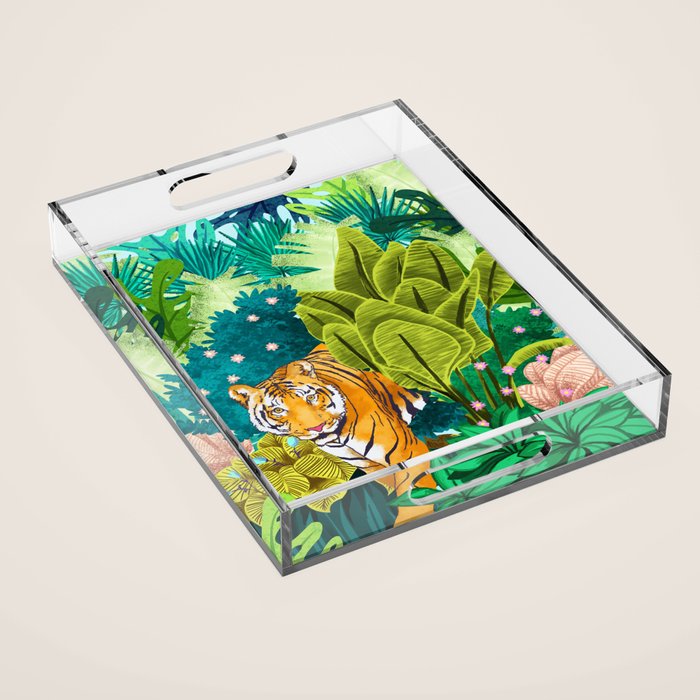 Jungle Tiger | Modern Bohemian Colorful Forest | Tropical Botanical Nature Watercolor Painting Acrylic Tray Gallery Image 1