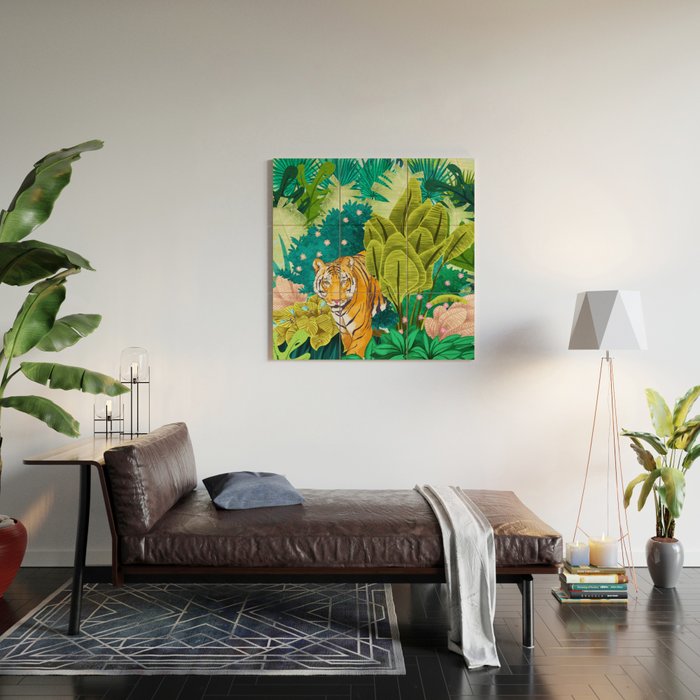 Jungle Tiger | Modern Bohemian Colorful Forest | Tropical Botanical Nature Watercolor Painting Wood Wall Art Gallery Image 2