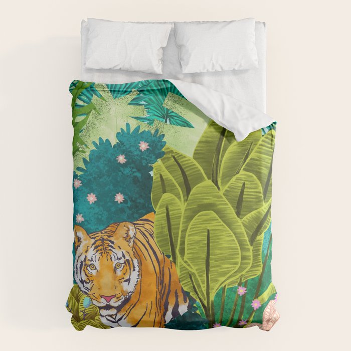 Jungle Tiger | Modern Bohemian Colorful Forest | Tropical Botanical Nature Watercolor Painting Duvet Cover Gallery Image 6