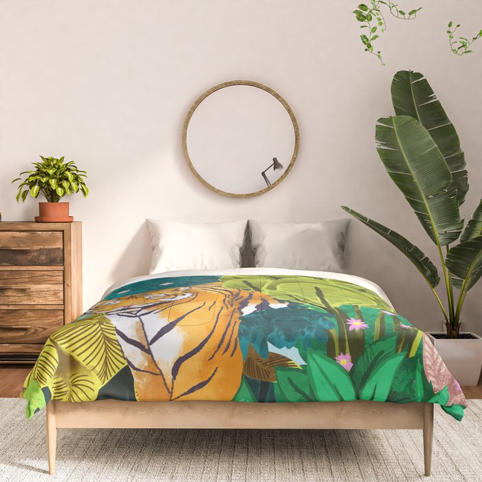 Jungle Tiger | Modern Bohemian Colorful Forest | Tropical Botanical Nature Watercolor Painting Comforter Gallery Image 3