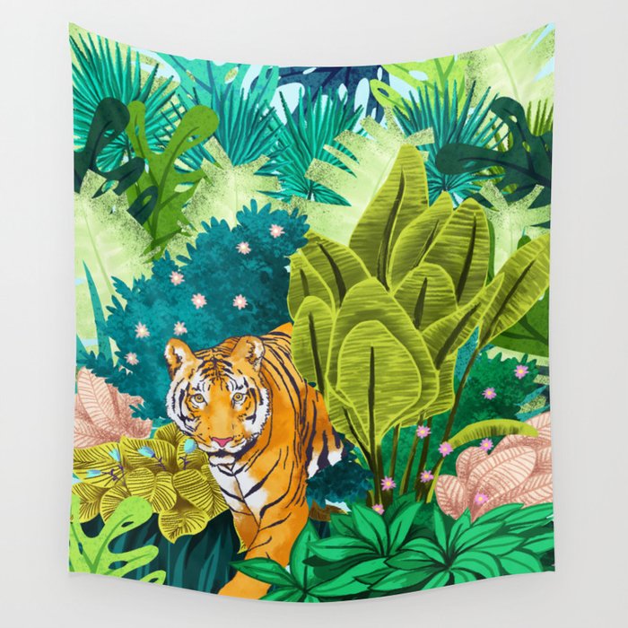 Jungle Tiger | Modern Bohemian Colorful Forest | Tropical Botanical Nature Watercolor Painting Wall Tapestry Gallery Image 4