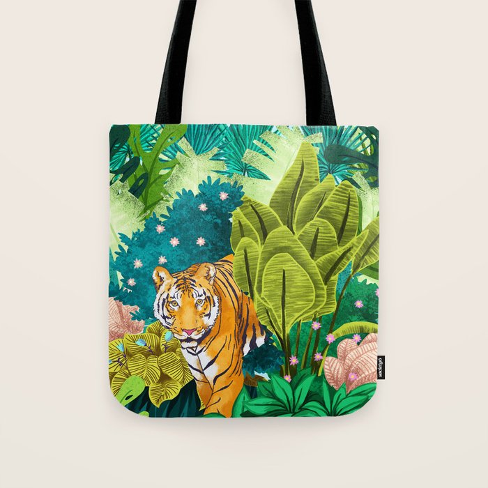 Jungle Tiger | Modern Bohemian Colorful Forest | Tropical Botanical Nature Watercolor Painting Tote Bag Gallery Image 1