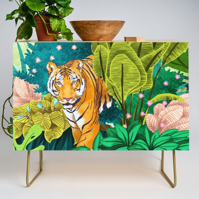 Jungle Tiger | Modern Bohemian Colorful Forest | Tropical Botanical Nature Watercolor Painting Credenza Gallery Image 1
