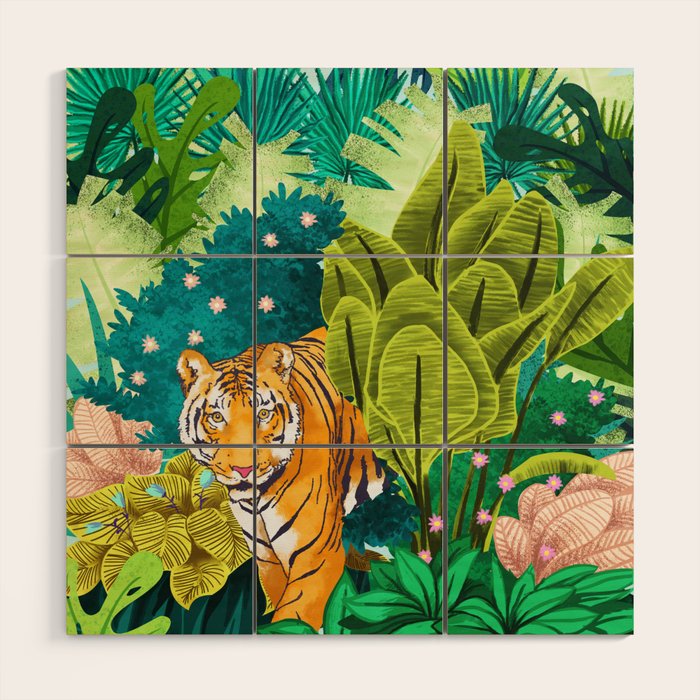 Jungle Tiger | Modern Bohemian Colorful Forest | Tropical Botanical Nature Watercolor Painting Wood Wall Art Gallery Image 1
