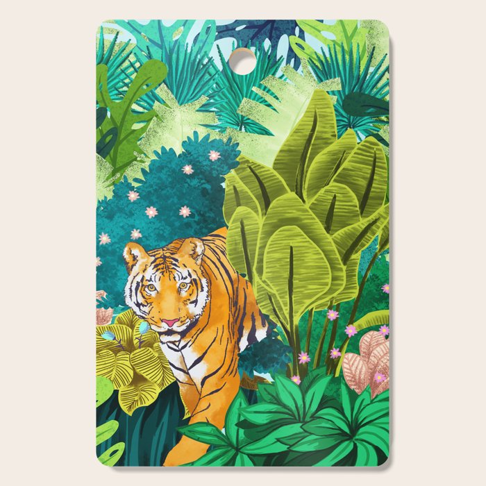 Jungle Tiger | Modern Bohemian Colorful Forest | Tropical Botanical Nature Watercolor Painting Cutting Board Gallery Image 1